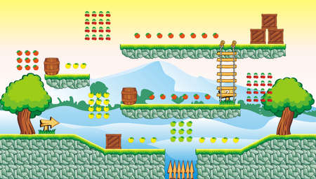 Tile set Platform for Game - A set of layered vector game asset, contains background, ground tiles and several items.のイラスト素材