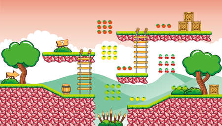 Tile set Platform for Game - A set of layered vector game asset, contains background, ground tiles and several items.のイラスト素材