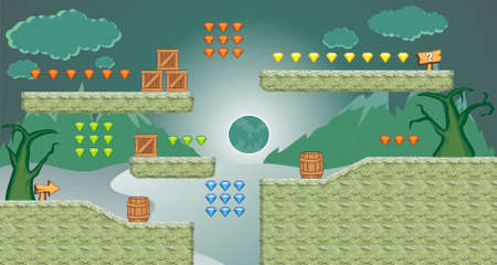 Tile set Platform for Game - A set of layered vector game asset,  contains background, ground tiles and several items / objects / decorations, used for creating mobile gamesのイラスト素材