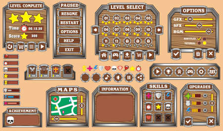 Game User Interface Design, Illustration of a funny  graphic gui background, in cartoon style with basic buttons  and functions, status bar, for creating gameのイラスト素材