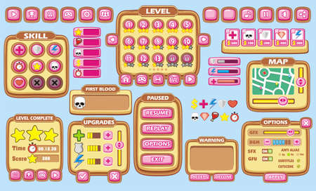 Game User Interface Design, Illustration of a funny  graphic gui background, in cartoon style with basic buttons  and functions, status bar, for creating gameのイラスト素材