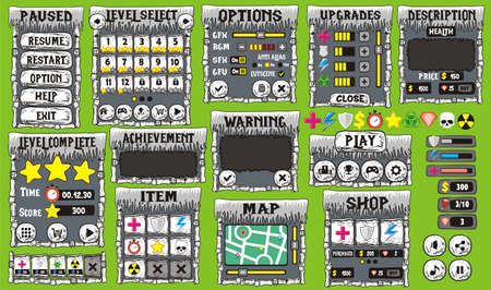 Game User Interface Design, Illustration of a funny  graphic gui background, in cartoon style with basic buttons  and functions, status bar, for creating gameのイラスト素材
