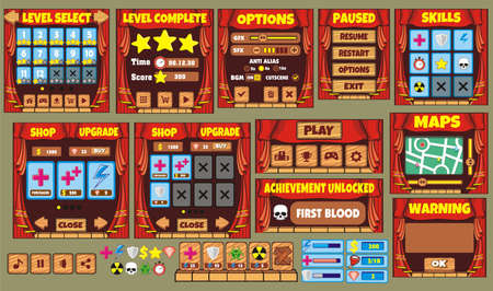 Game User Interface Design, Illustration of a funny  graphic gui background, in cartoon style with basic buttons  and functions, status bar, for creating gameのイラスト素材
