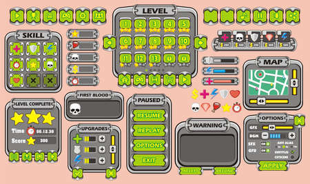 Game User Interface Design, Illustration of a funny  graphic gui background, in cartoon style with basic buttons  and functions, status bar, for creating gameのイラスト素材