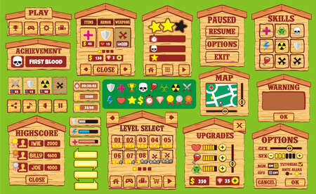 Game User Interface Design, Illustration of a funny  graphic gui background, in cartoon style with basic buttons  and functions, status bar, for creating gameのイラスト素材