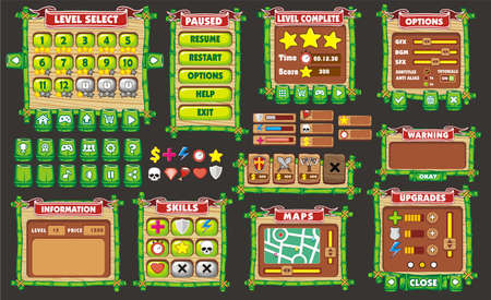 Game User Interface Design, Illustration of a funny  graphic gui background, in cartoon style with basic buttons  and functions, status bar, for creating gameのイラスト素材