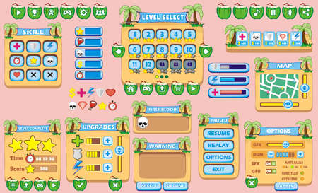 Game User Interface Design, Illustration of a funny  graphic gui background, in cartoon style with basic buttons  and functions, status bar, for creating gameのイラスト素材