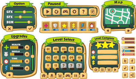 Game User Interface Design, Illustration of a funny  graphic gui background, in cartoon style with basic buttons  and functions, status bar, for creating gameのイラスト素材