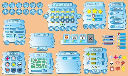Game User Interface Design, Illustration of a funny  graphic gui background, in cartoon style with basic buttons  and functions, status bar, for creating gameのイラスト素材