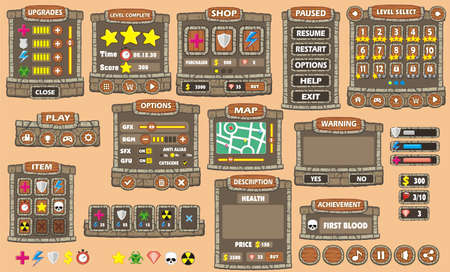Game User Interface Design, Illustration of a funny  graphic gui background, in cartoon style with basic buttons  and functions, status bar, for creating gameのイラスト素材
