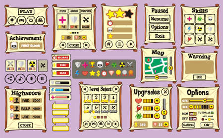 Game User Interface Design, Illustration of a funny  graphic gui background, in cartoon style with basic buttons  and functions, status bar, for creating gameのイラスト素材