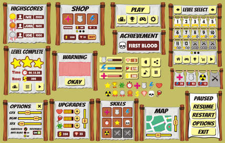 Game User Interface Design, Illustration of a funny  graphic gui background, in cartoon style with basic buttons  and functions, status bar, for creating gameのイラスト素材
