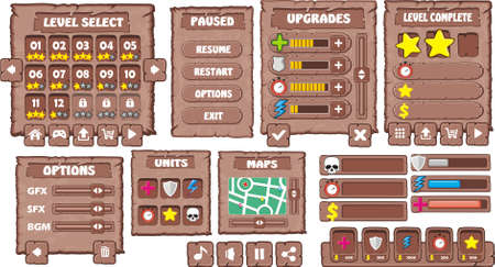 Game User Interface Design, Illustration of a funny  graphic gui background, in cartoon style with basic buttons  and functions, status bar, for creating gameのイラスト素材