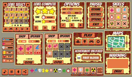 Game User Interface Design, Illustration of a funny  graphic gui background, in cartoon style with basic buttons  and functions, status bar, for creating gameのイラスト素材