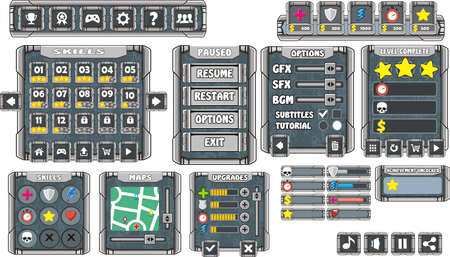 Game User Interface Design, Illustration of a funny  graphic gui background, in cartoon style with basic buttons  and functions, status bar, for creating gameのイラスト素材