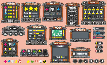 Game User Interface Design, Illustration of a funny  graphic gui background, in cartoon style with basic buttons  and functions, status bar, for creating gameのイラスト素材