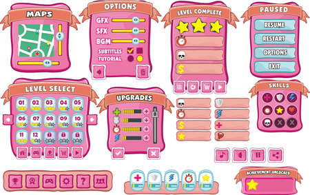 Game User Interface Design, Illustration of a funny  graphic gui background, in cartoon style with basic buttons  and functions, status bar, for creating gameのイラスト素材