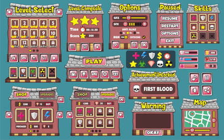 Game User Interface Design, Illustration of a funny  graphic gui background, in cartoon style with basic buttons  and functions, status bar, for creating gameのイラスト素材