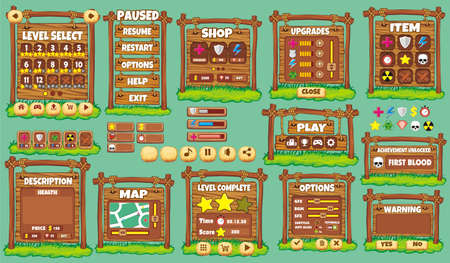 Game User Interface Design, Illustration of a funny  graphic gui background, in cartoon style with basic buttons  and functions, status bar, for creating gameのイラスト素材