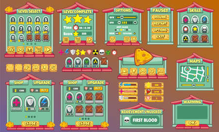 Game User Interface Design, Illustration of a funny  graphic gui background, in cartoon style with basic buttons  and functions, status bar, for creating gameのイラスト素材
