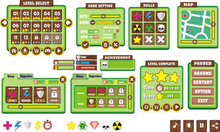 Game User Interface Design, Illustration of a funny  graphic gui background, in cartoon style with basic buttons  and functions, status bar, for creating gameのイラスト素材