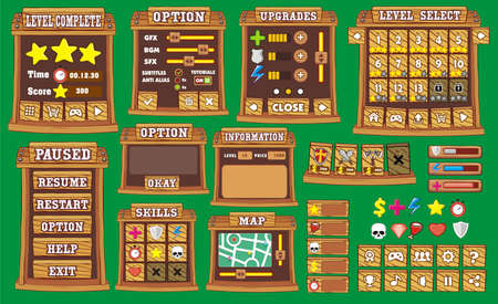Game User Interface Design, Illustration of a funny  graphic gui background, in cartoon style with basic buttons  and functions, status bar, for creating gameのイラスト素材