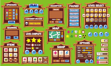 Game User Interface Design, Illustration of a funny  graphic gui background, in cartoon style with basic buttons  and functions, status bar, for creating gameのイラスト素材