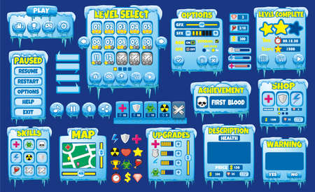 Game User Interface Design, Illustration of a funny  graphic gui background, in cartoon style with basic buttons  and functions, status bar, for creating gameのイラスト素材