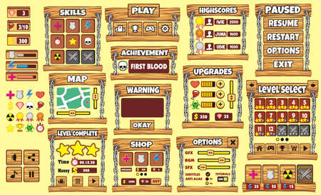 Platform Game User Interface For Tablet, Illustration  of a platform game user interface, in cartoon style with  basic buttons and icons for tablet pcのイラスト素材