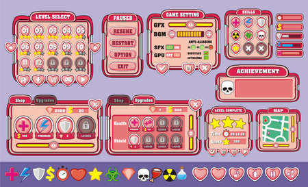 Platform Game User Interface For Tablet, Illustration  of a platform game user interface, in cartoon style with  basic buttons and icons for tablet pcのイラスト素材