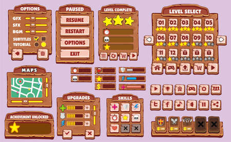 Platform Game User Interface For Tablet, Illustration  of a platform game user interface, in cartoon style with  basic buttons and icons for tablet pcのイラスト素材