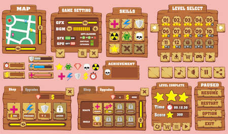 Platform Game User Interface For Tablet, Illustration  of a platform game user interface, in cartoon style with  basic buttons and icons for tablet pcのイラスト素材