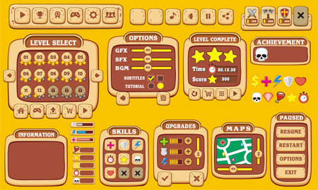 Platform Game User Interface For Tablet, Illustration  of a platform game user interface, in cartoon style with  basic buttons and icons for tablet pcのイラスト素材