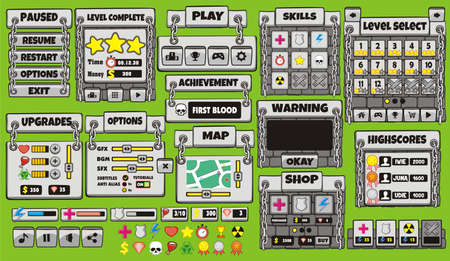 Platform Game User Interface For Tablet, Illustration  of a platform game user interface, in cartoon style with  basic buttons and icons for tablet pcのイラスト素材