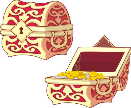 illustrations of treasure chest, open, closed and with golden coins isolated on whiteのイラスト素材