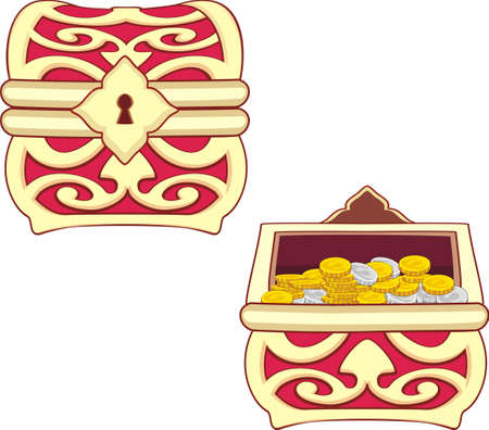 illustrations of treasure chest, open, closed and with golden coins isolated on whiteのイラスト素材