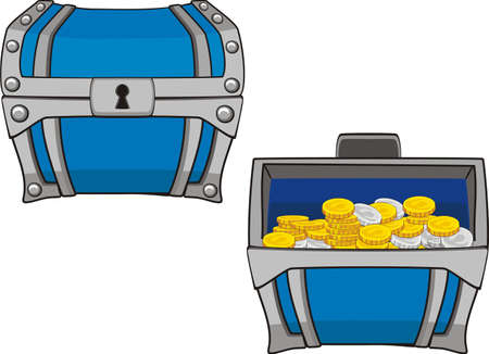 illustrations of treasure chest, open, closed and with golden coins isolated on whiteのイラスト素材