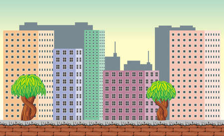 Seamless town landscape, never ending vector nature background  with separated layers for game design .2d game application.  Vector Illustration for your application projectのイラスト素材