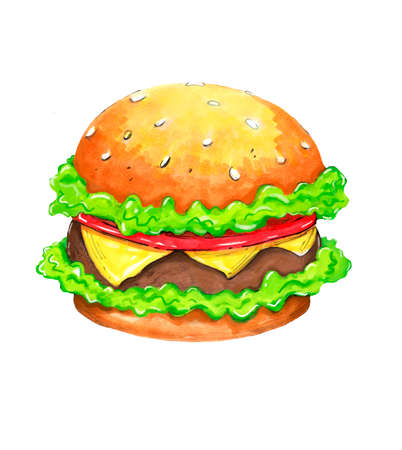 Fast Food Realistic Burger Hamburger Icon With Meat, Lettuce, Cheese And Tomatoの写真素材