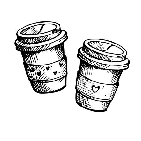 Coffee time. Cute coffe takeaway cup with hearts. Hand draw doodle illustration. Spring moodのイラスト素材