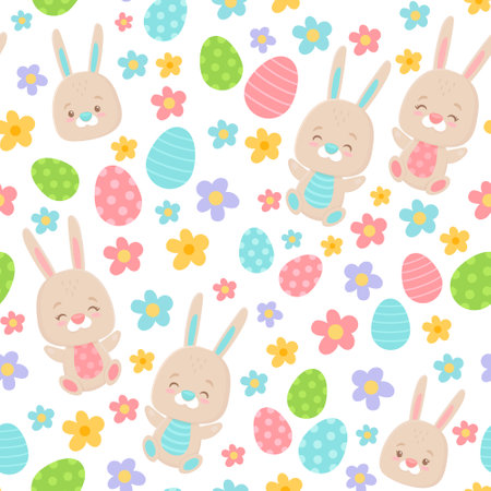 Easter spring seamless pattern with bunny, eggs spring and flowers.Vector illustration.Flat cartoon elements. Vector illustrationのイラスト素材
