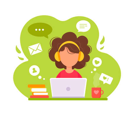 Home office, woman working from home on laptop. Vector illustration in flat styleのイラスト素材