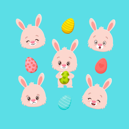 Happy Easter illustration with cute cartoon Easter Bunny, eggs.Character set. Cute cartoon vector illustrationのイラスト素材