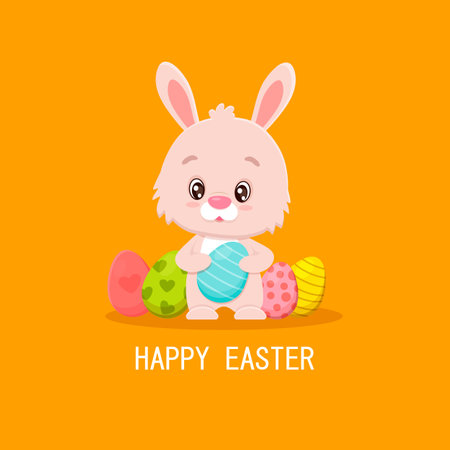 Card cute cartoon Easter bunny with easter eggs. Vector illustrationのイラスト素材