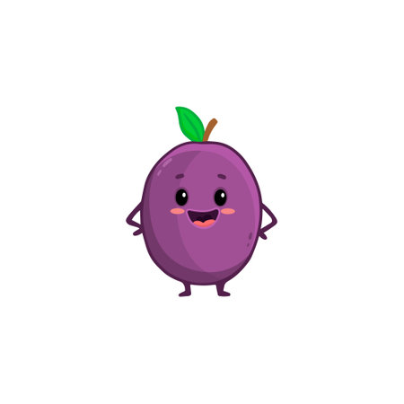 Cute purple plum character isolated on white background. Cartoon plum. Vector illustrationのイラスト素材