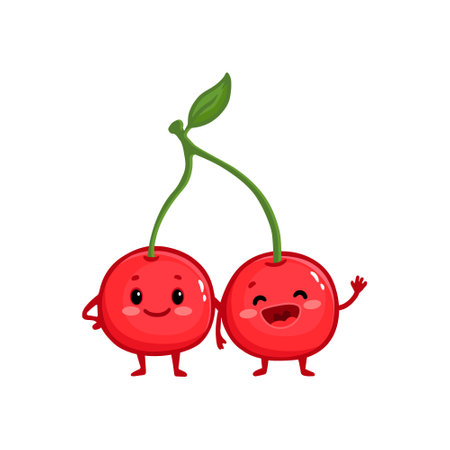 Cute happy smiling cherry. Flat cartoon berry isolated on white. Illustration for kids, magazines,...