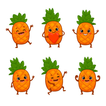 set of Cute cartoon pineapple characters with emotions. Cute pineapple with smile isolated on white background. Vector illustration.のイラスト素材