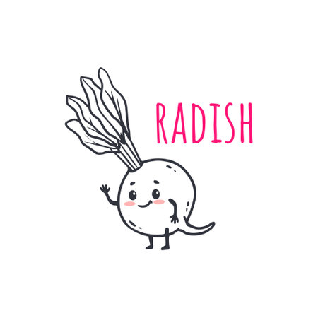 Cartoon radish. Cute character vegetable isolated on white background. Doodle style. Vectorのイラスト素材