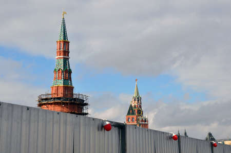 Repair work of the large Zamoskvoretsky bridge. far behind the fence - the Moscow Kremlin