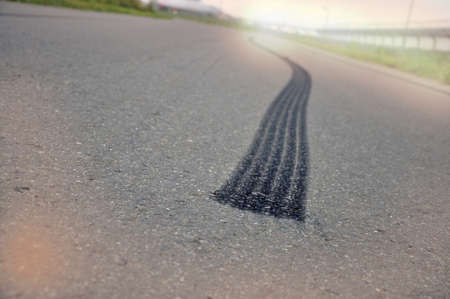 Braking distances. Traces from the tire from emergency braking on asphaltの写真素材